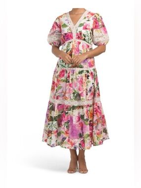 Vasna 100% Cotton Voile Floral Maxi Dress Size L Lace Crochet Tiered Trim Spring
